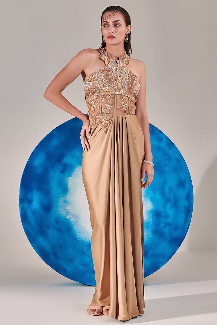 Champagne Gold Textured Satin Chiffon & Organza Draped Gown by One Knot One