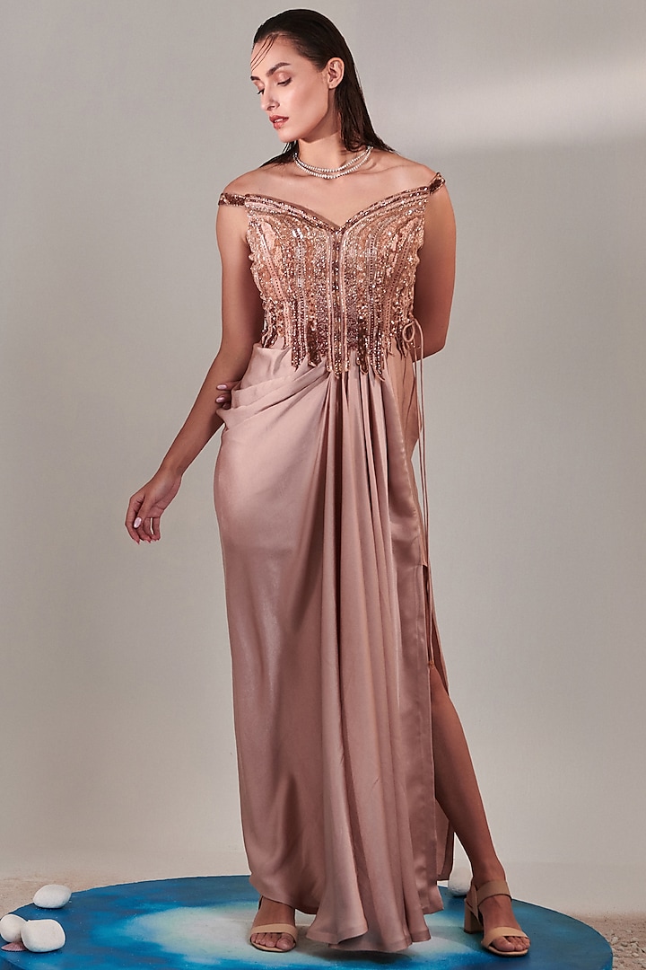 Nudish Pink Satin Hand Embroidered Draped Gown by One Knot One