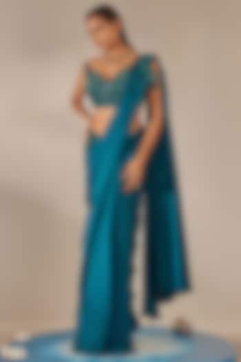 Teal Crinkled Satin Crepe Pre-Stitched Saree Set by One Knot One