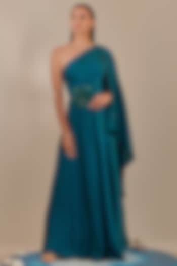 Teal Crinkled Satin Crepe Hand Embroidered One-Shoulder Draped Gown by One Knot One