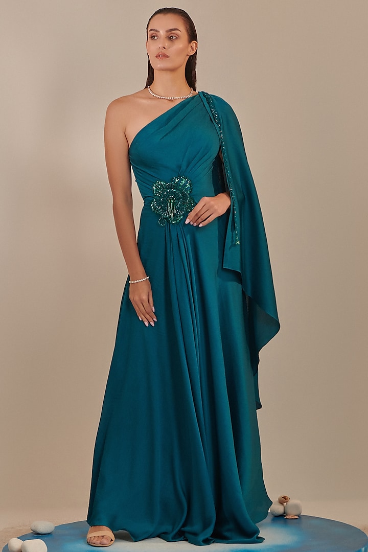 Teal Crinkled Satin Crepe Hand Embroidered One-Shoulder Draped Gown by One Knot One