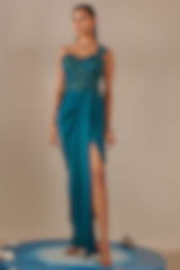 Teal Crinkled Satin Crepe Hand Embroidered Gown by One Knot One