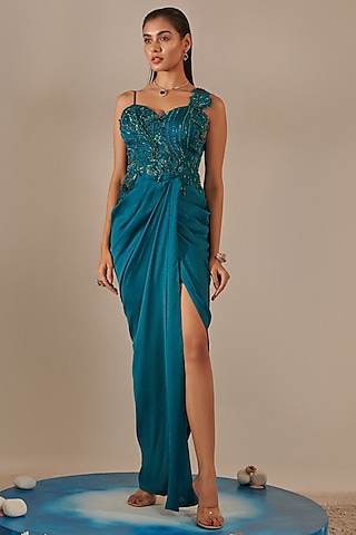 Teal Crinkled Satin Crepe Hand Embroidered Gown by One Knot One By Ashna