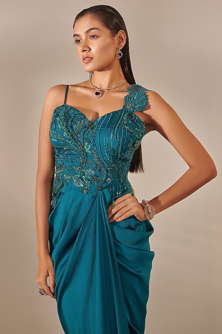 Teal Crinkled Satin Crepe Hand Embroidered Engagement Gown by One Knot One By Ashna at Pernia's Pop Up Shop
