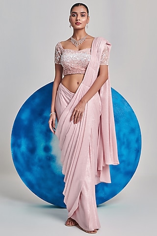 Soft Pink Metallic Foil Pre-Stitched Saree Set by One Knot One By Ashna