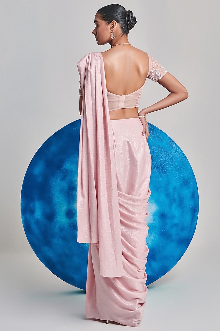Soft Pink Metallic Foil Pre-Stitched Wedding Saree Set by One Knot One By Ashna at Pernia's Pop Up Shop