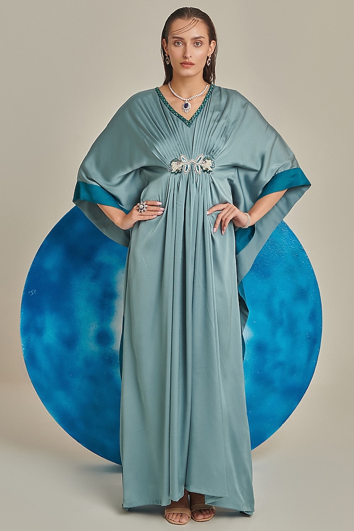 Sea Green Hammered Satin Hand Embroidered Kaftan by One Knot One