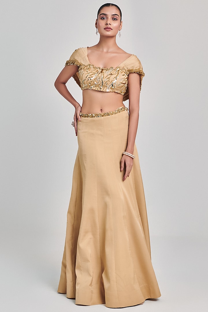 Golden Crinkled Crepe Satin Kalidar Skirt Set by One Knot One