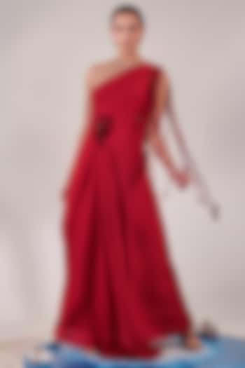 Red Metallic Georgette Hand Embroidered Draped Gown by One Knot One