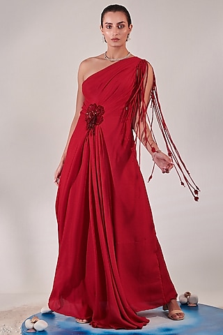 Red Metallic Georgette Hand Embroidered Draped Gown by One Knot One By Ashna
