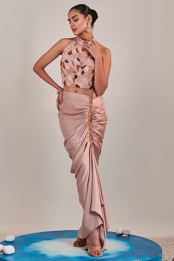 Nudish Pink Satin Draped Asymmetrical Skirt Set by One Knot One