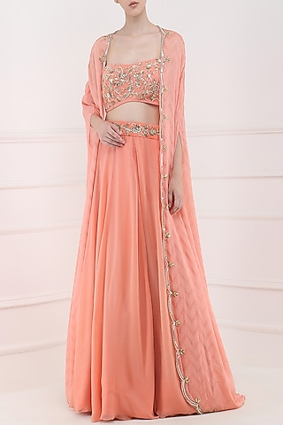 Coral Embroidered Lehenga, Crop Top and Cape Set by Ohaila Khan