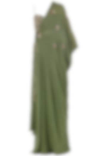 Olive Green Embroidered Crop Top, Kaftan and Pants Set by Ohaila Khan