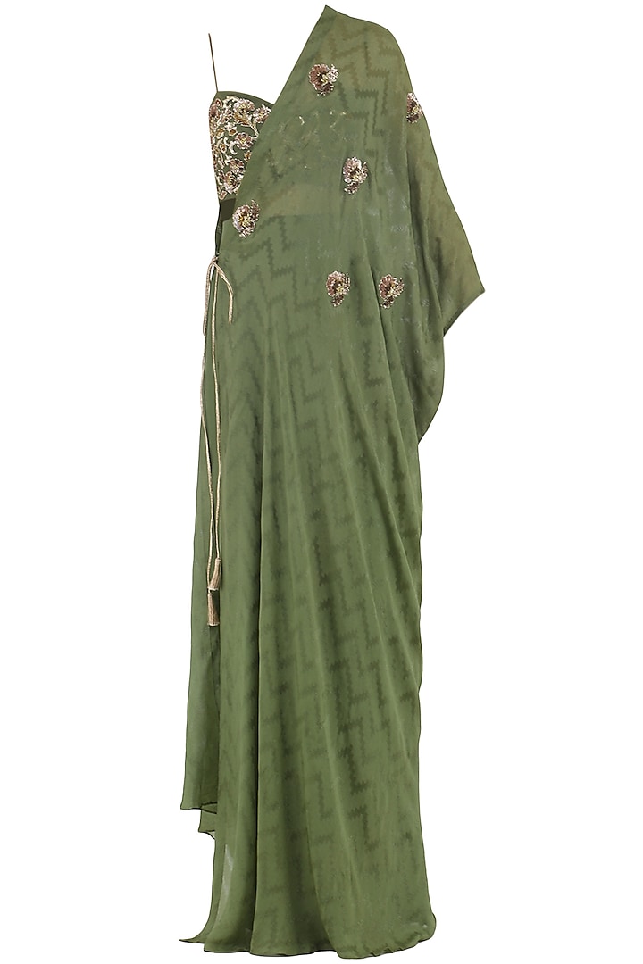 Olive Green Embroidered Crop Top, Kaftan and Pants Set by Ohaila Khan