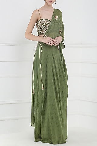 Olive Green Embroidered Crop Top, Kaftan and Pants Set by Ohaila Khan
