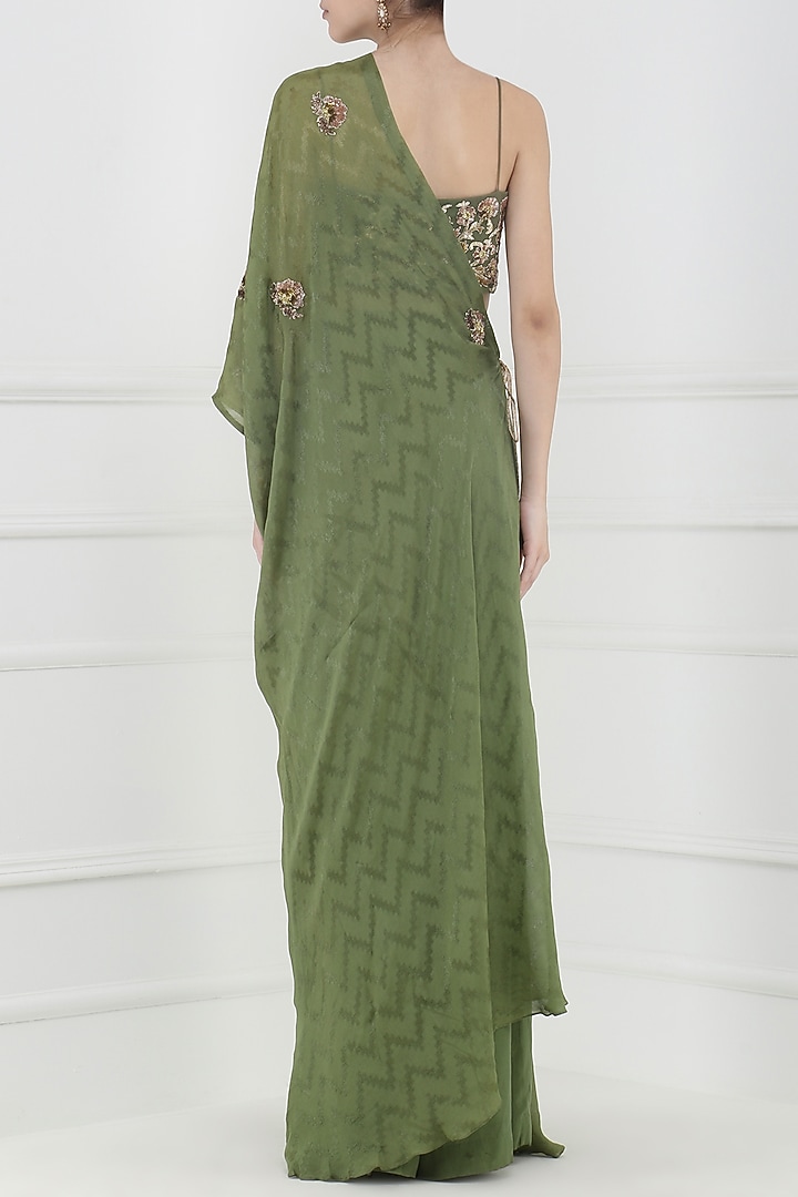 Olive green embroidered crop top, kaftan and pants set available only at Pernia's Pop Up Shop.