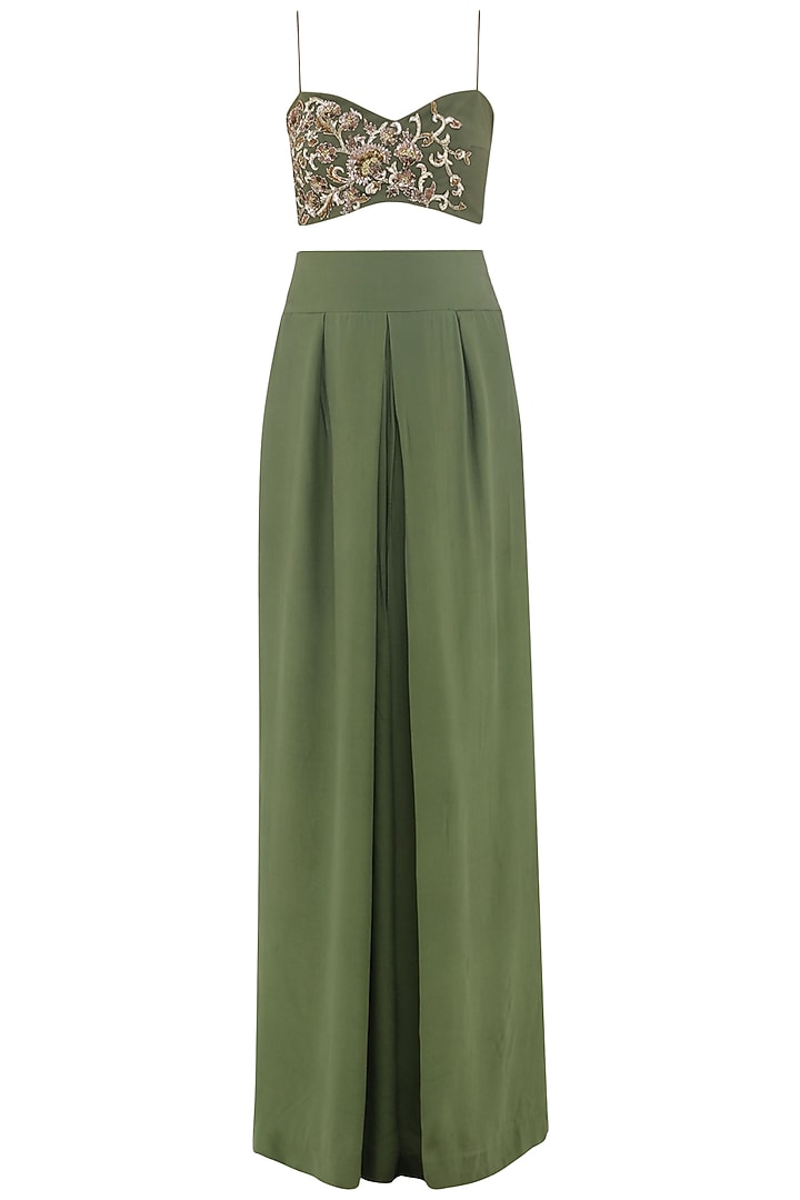 Olive green embroidered crop top, kaftan and pants set available only at Pernia's Pop Up Shop.