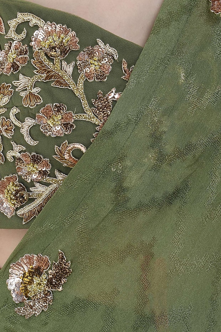 Olive green embroidered crop top, kaftan and pants set available only at Pernia's Pop Up Shop.