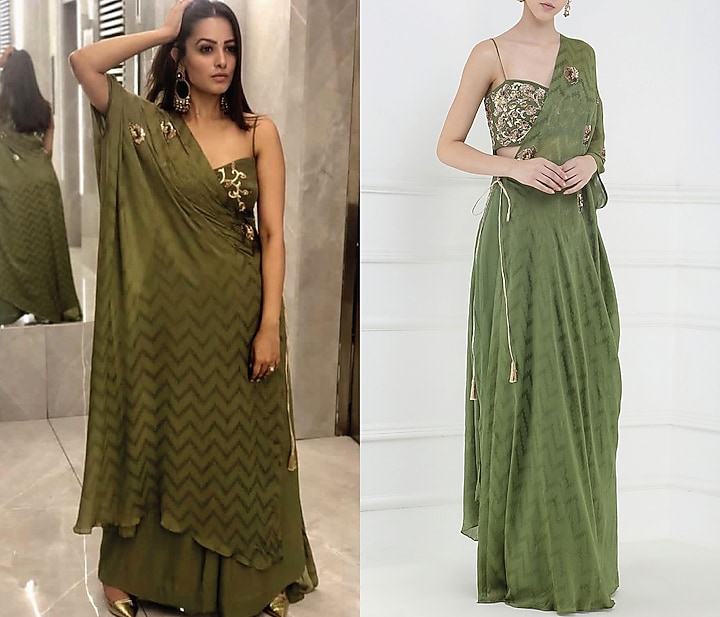 Olive green embroidered crop top, kaftan and pants set available only at Pernia's Pop Up Shop.