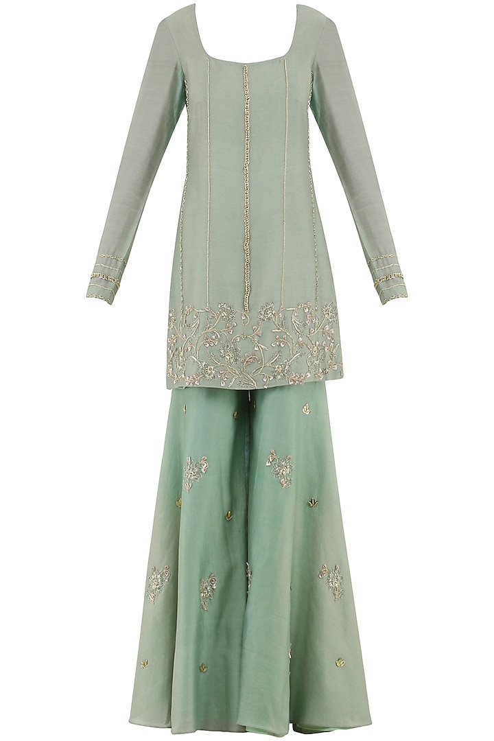 Sage Green Embroidered Sharara Pants Set by Ohaila Khan