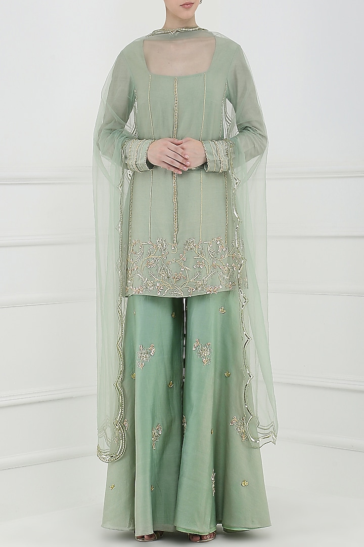 Sage green embroidered sharara pants set available only at Pernia's Pop Up Shop.