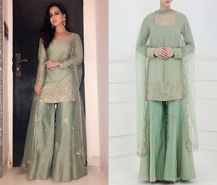Sage green embroidered sharara pants set available only at Pernia's Pop Up Shop.