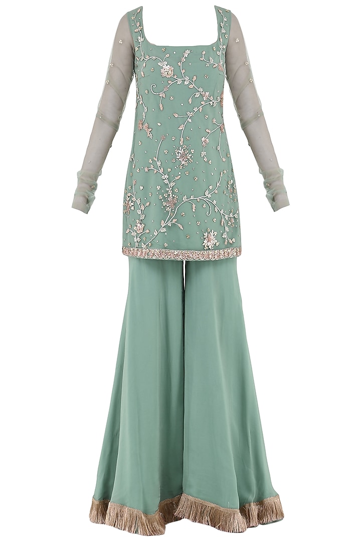 Aqua Green Embroidered Tassel Detailed Sharara Pants Set by Ohaila Khan