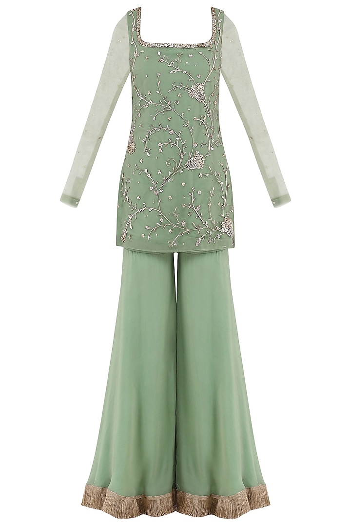 Sage Green Embroidered Tassel Detailed Sharara Pants Set by Ohaila Khan
