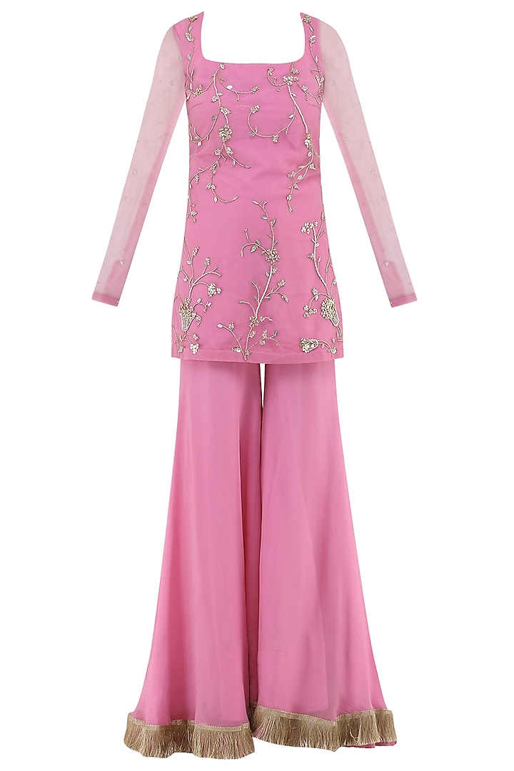 Rose Pink Embroidered Sharara Pants Set by Ohaila Khan