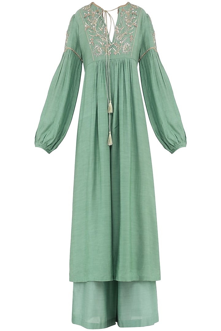 Aqua green embroidered kurta with palazzo pants available only at Pernia's Pop Up Shop.