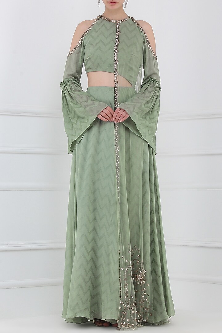 Khakhi green embroidered cutout anarkali gown available only at Pernia's Pop Up Shop.