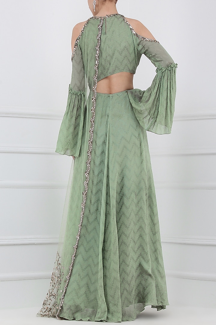 Khakhi green embroidered cutout anarkali gown available only at Pernia's Pop Up Shop.