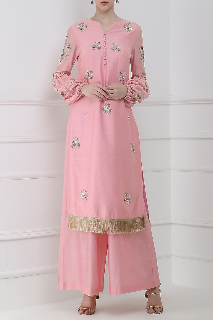 Peony pink embroidered kurta with palazzo pants available only at Pernia's Pop Up Shop.