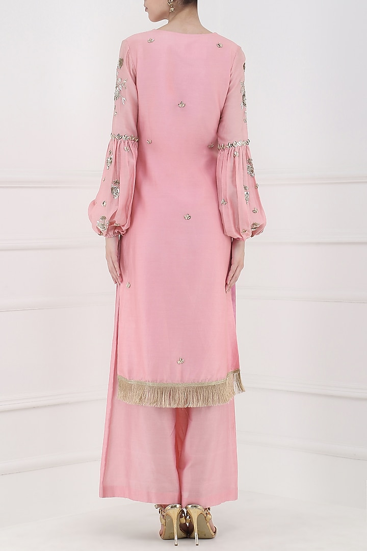 Peony pink embroidered kurta with palazzo pants available only at Pernia's Pop Up Shop.