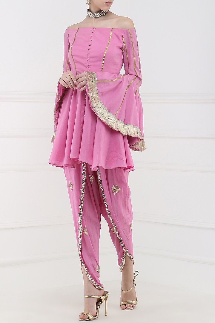 Rose pink embroidered peplum kurta with tulip pants available only at  Pernia's Pop Up Shop. 2024