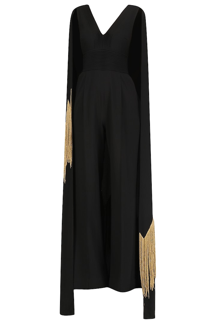Black Embroidered Cape Jumpsuit by Ohaila Khan