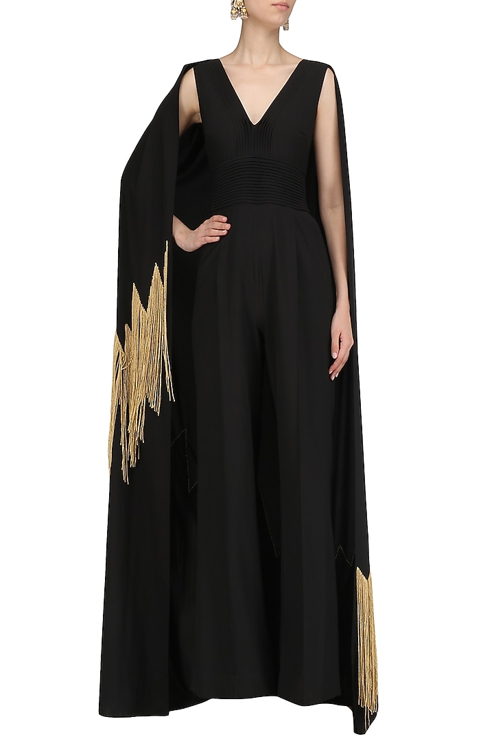 Black embroidered cape jumpsuit available only at Pernia's Pop Up Shop.