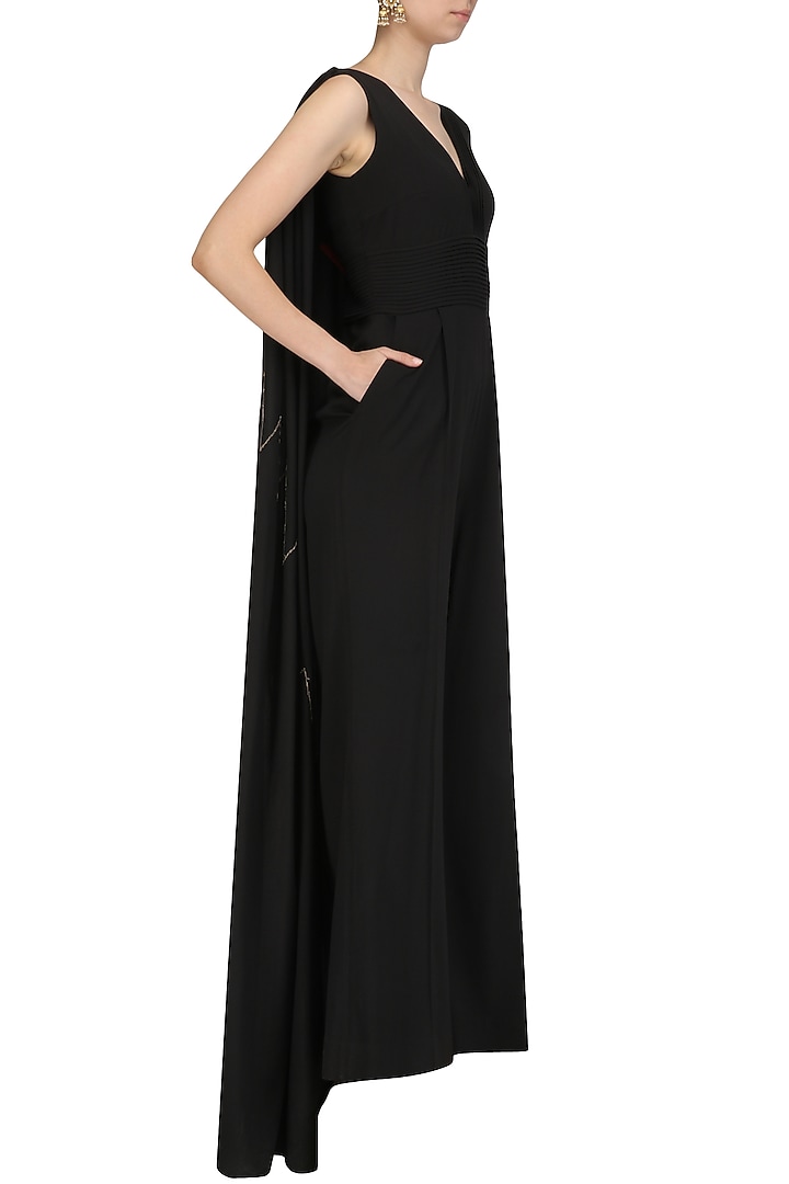 Black embroidered cape jumpsuit available only at Pernia's Pop Up Shop.