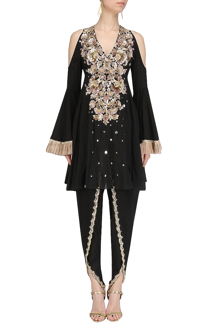 Black embroidered cold shoulder kurta with tulip pants set available only at Pernia's Pop Up Shop.