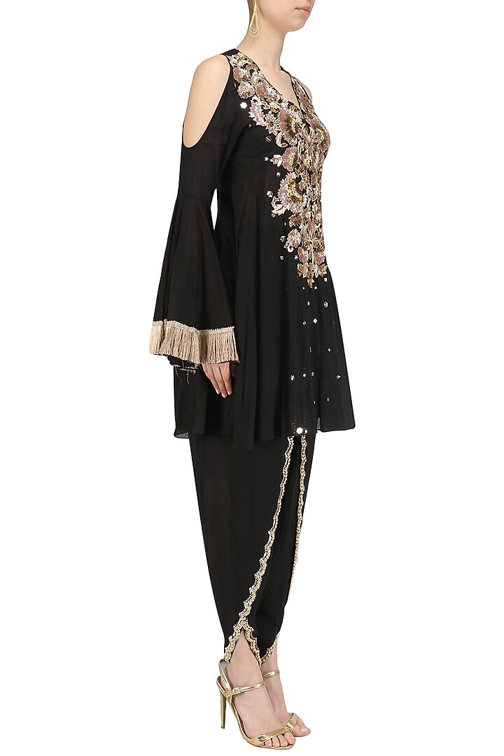 Black embroidered cold shoulder kurta with tulip pants set available only at Pernia's Pop Up Shop.