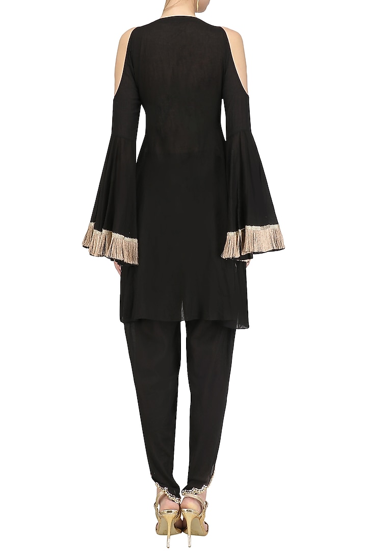 Black embroidered cold shoulder kurta with tulip pants set available only at Pernia's Pop Up Shop.