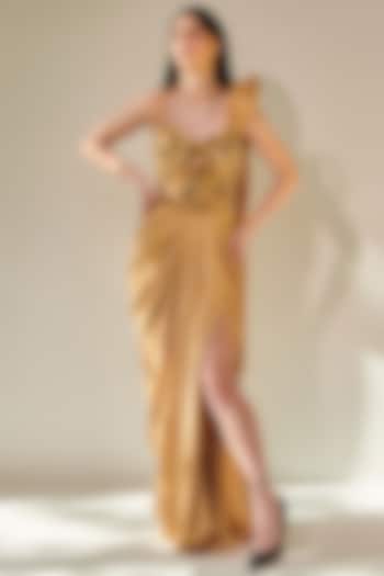 Golden Crinkled Crepe Satin Embellished Draped Gown by One Knot One