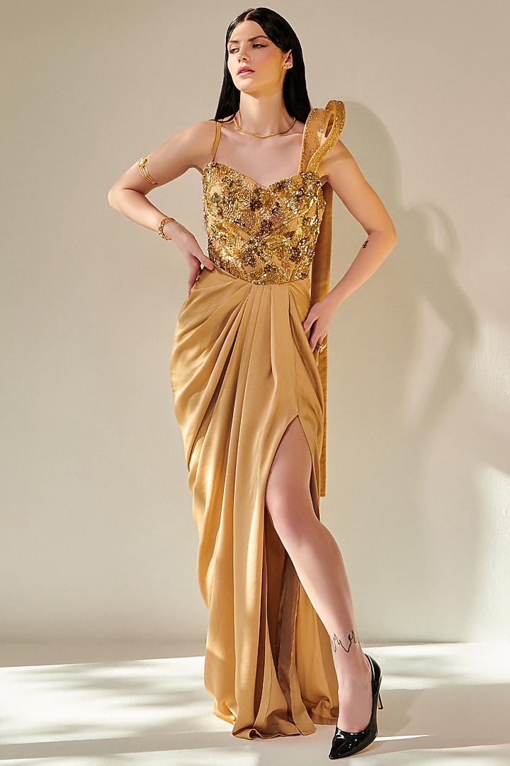 Golden Crinkled Crepe Satin Embellished Draped Gown by One Knot One