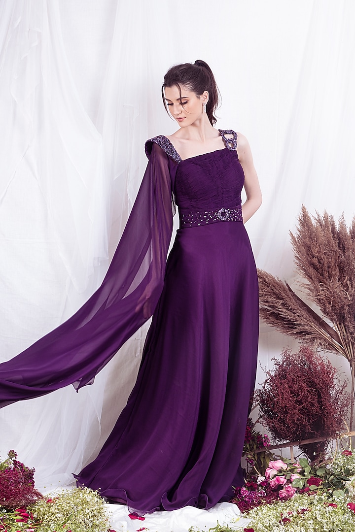 Aubergine Chiffon Ruched Gown by One Knot One