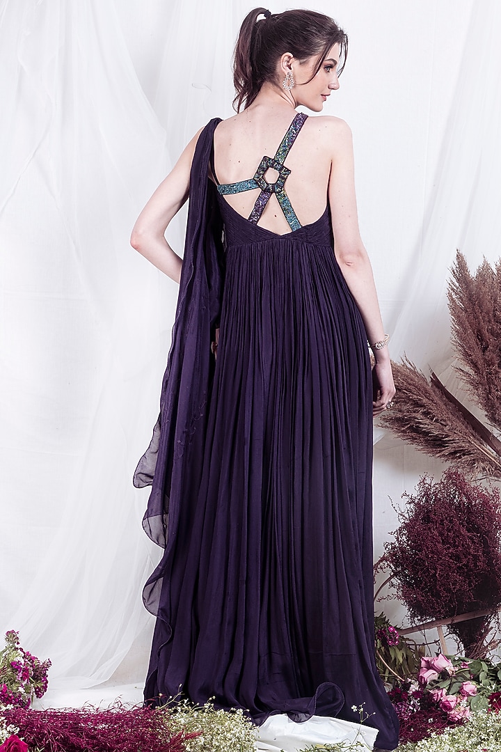 Purple Chiffon Embellished Gown by One Knot One By Ashna at Pernia's Pop Up Shop