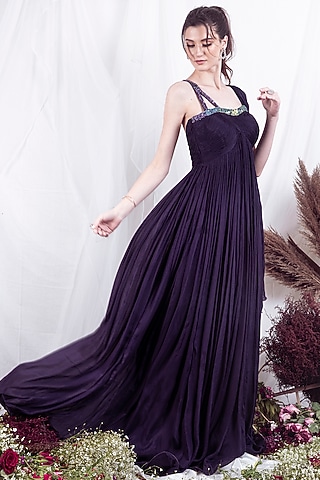 Purple Chiffon Embellished Gown by One Knot One By Ashna
