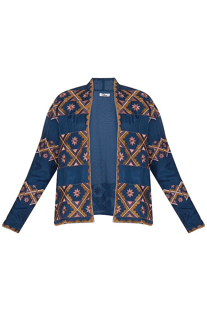 Agean Blue Embroidered Blazer Jacket by Ollari
