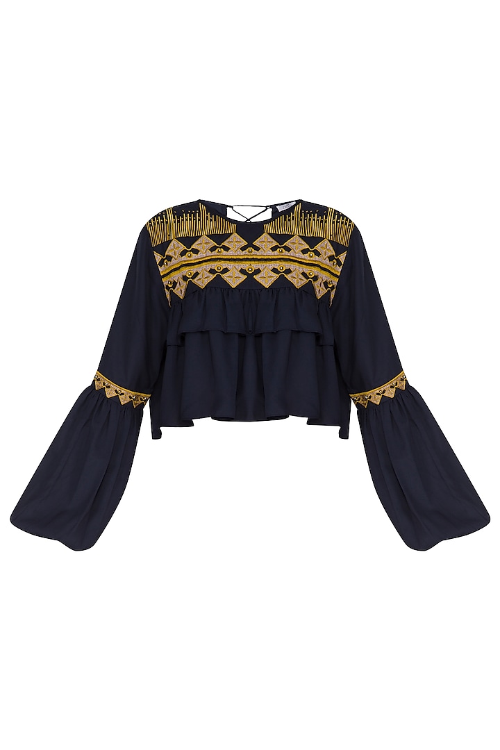 Navy Blue Embroidered Cropped Blouse by Ollari