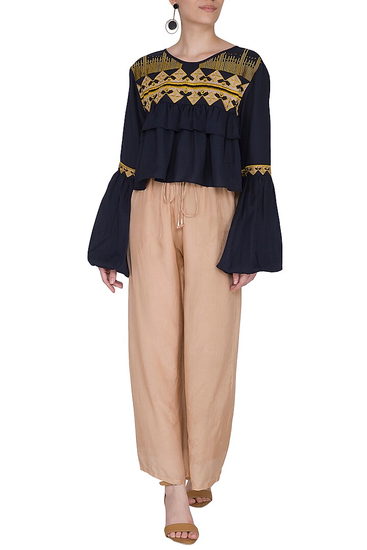 Navy Blue Embroidered Cropped Blouse by Ollari at Pernia's Pop Up Shop