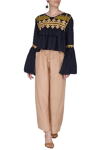 Navy Blue Embroidered Cropped Blouse by Ollari